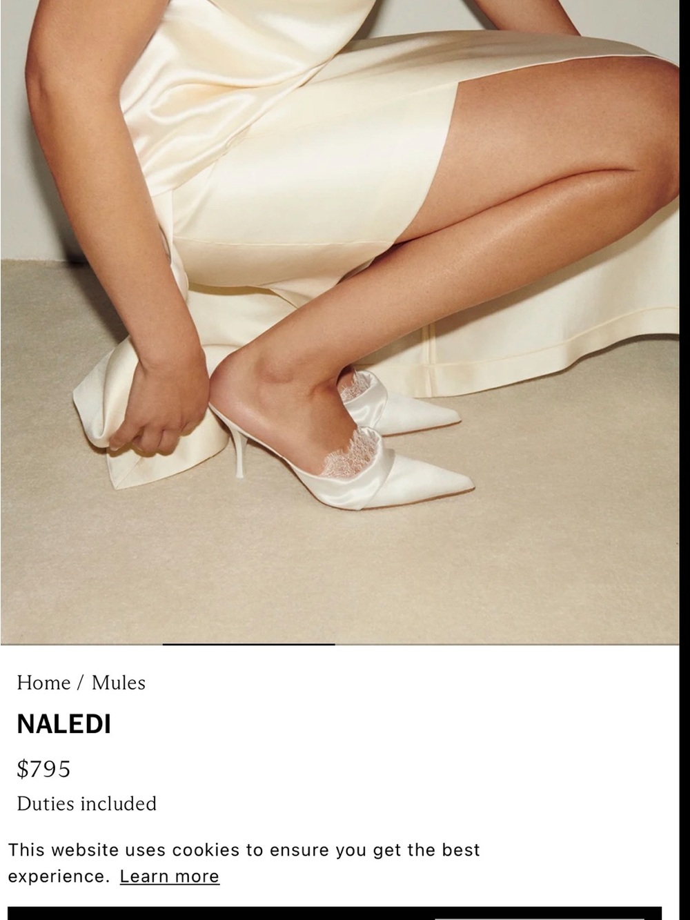 Neous Satin Pointed-Toe Mules in Ivory with Lace Detail